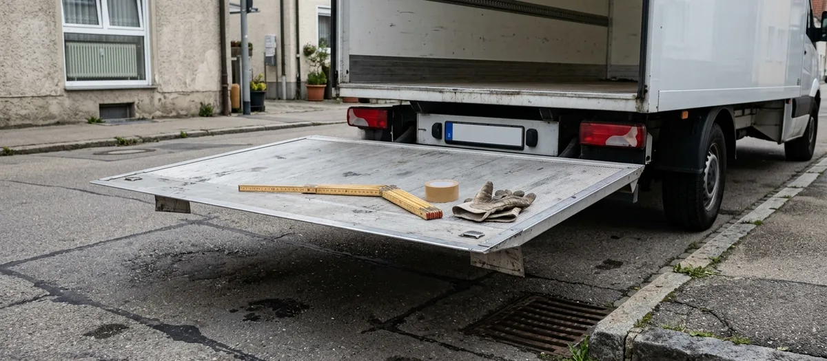 Klemmbrett mit dem Aufmaßbogen vor gestapelten Umzugskartons