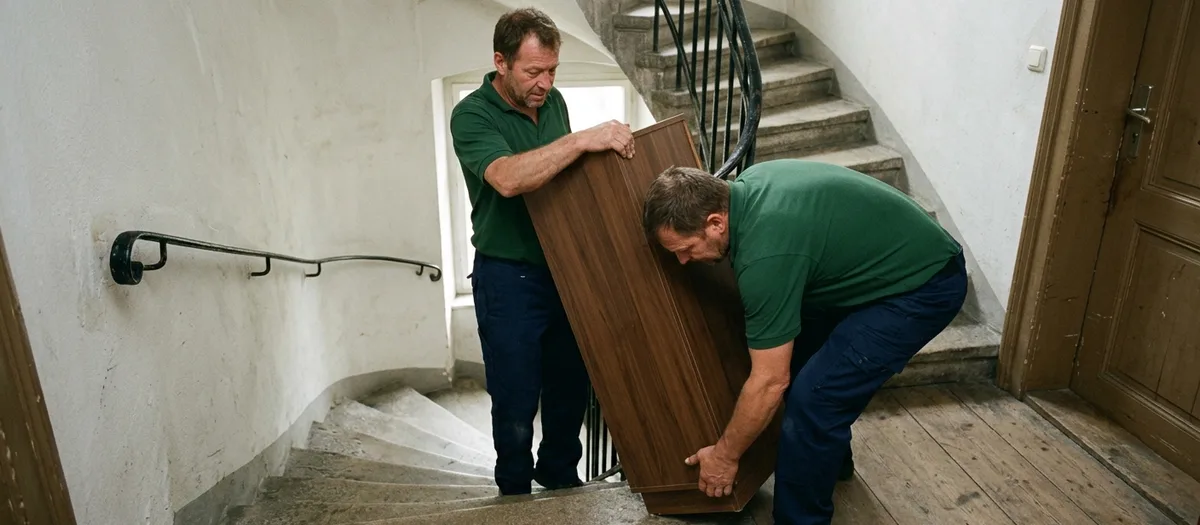 Enges Altbautreppenhaus, ein Helfer trägt einen Karton nach unten