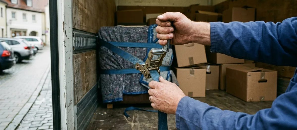 Umzugswagen auf einem Rastplatz während der Fernfahrt