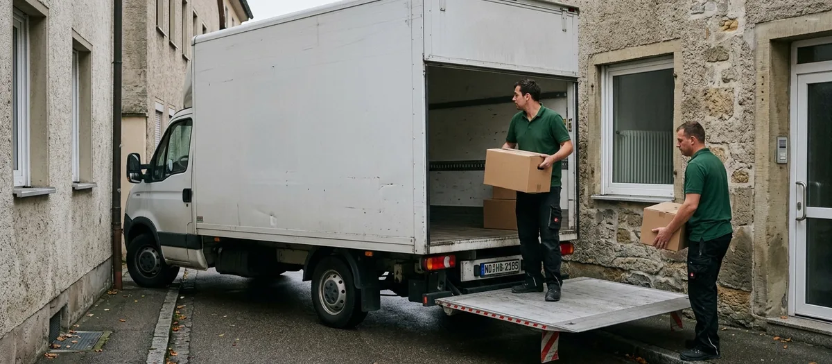 Umzugswagen steht auf dem abgesperrten Standplatz vor dem Haus